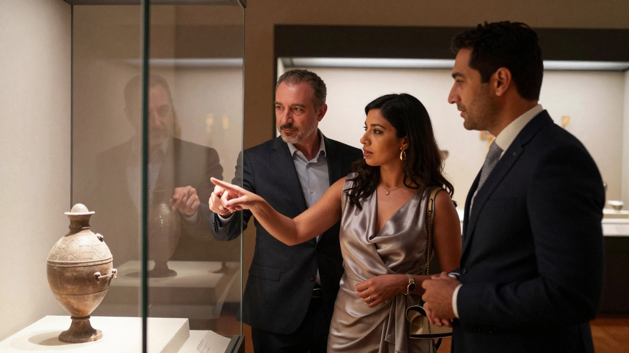 A professional companion and client engaging in cultural discussion at a Dubai museum, focused on art and history with no romantic overtones.