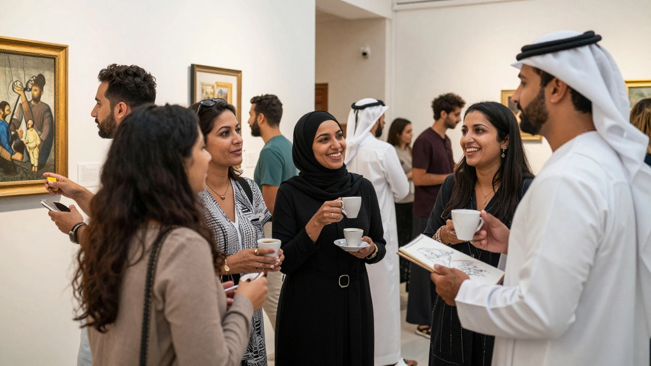 Diverse expats socializing at an art gallery event in Dubai, exchanging ideas and laughter in a vibrant, law-abiding community gathering.